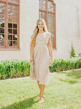 Cream Tiered Midi Dress with Lace Yoke